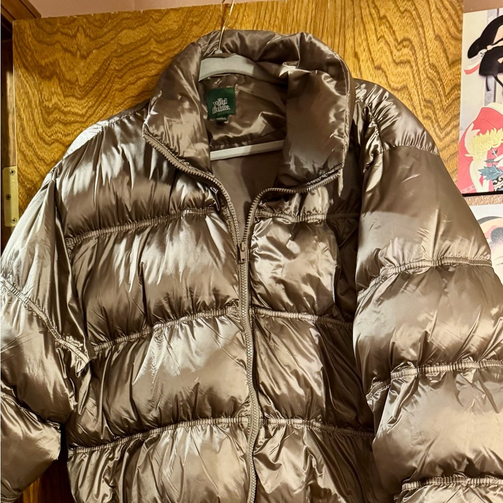 Metallic taupe silky  puffer jacket .